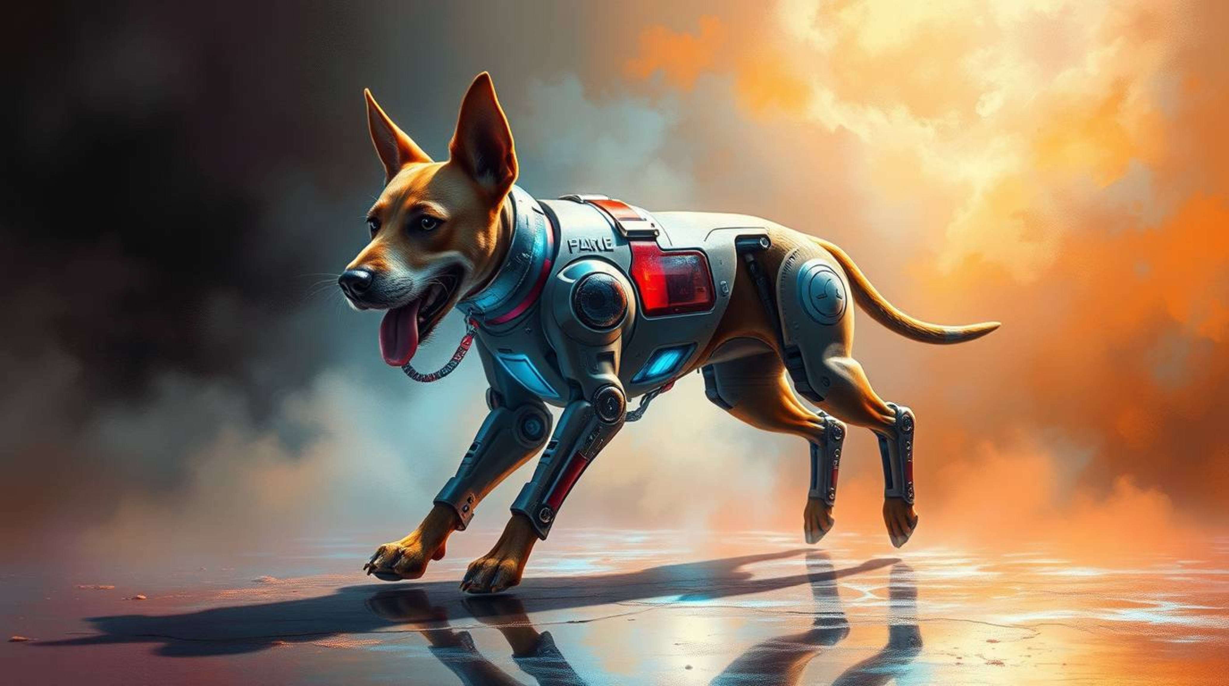 This artwork portrays a futuristic dog confidently self-walking in the vastness of space. Rendered in a classic oil painting 