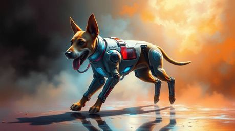 This artwork portrays a futuristic dog confidently self-walking in the vastness of space. Rendered in a classic oil painting 