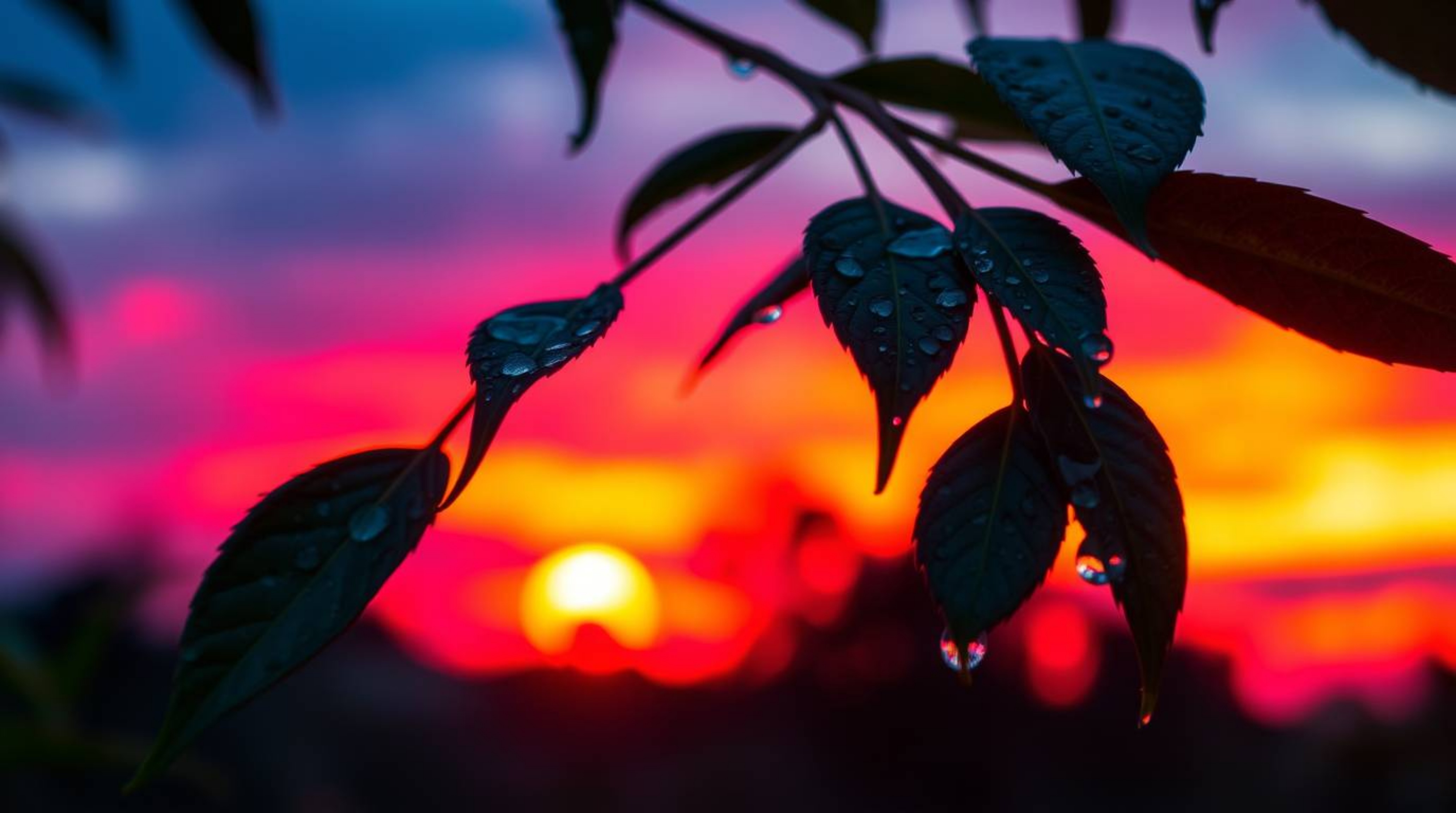 Capture the breathtaking beauty of an electric sunset reflected in shimmering raindrops clinging to verdant leaves. Experienc