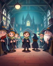 Explore an adorable and cute magical school teeming with young wizards, beautifully rendered with gentle soft light, charming