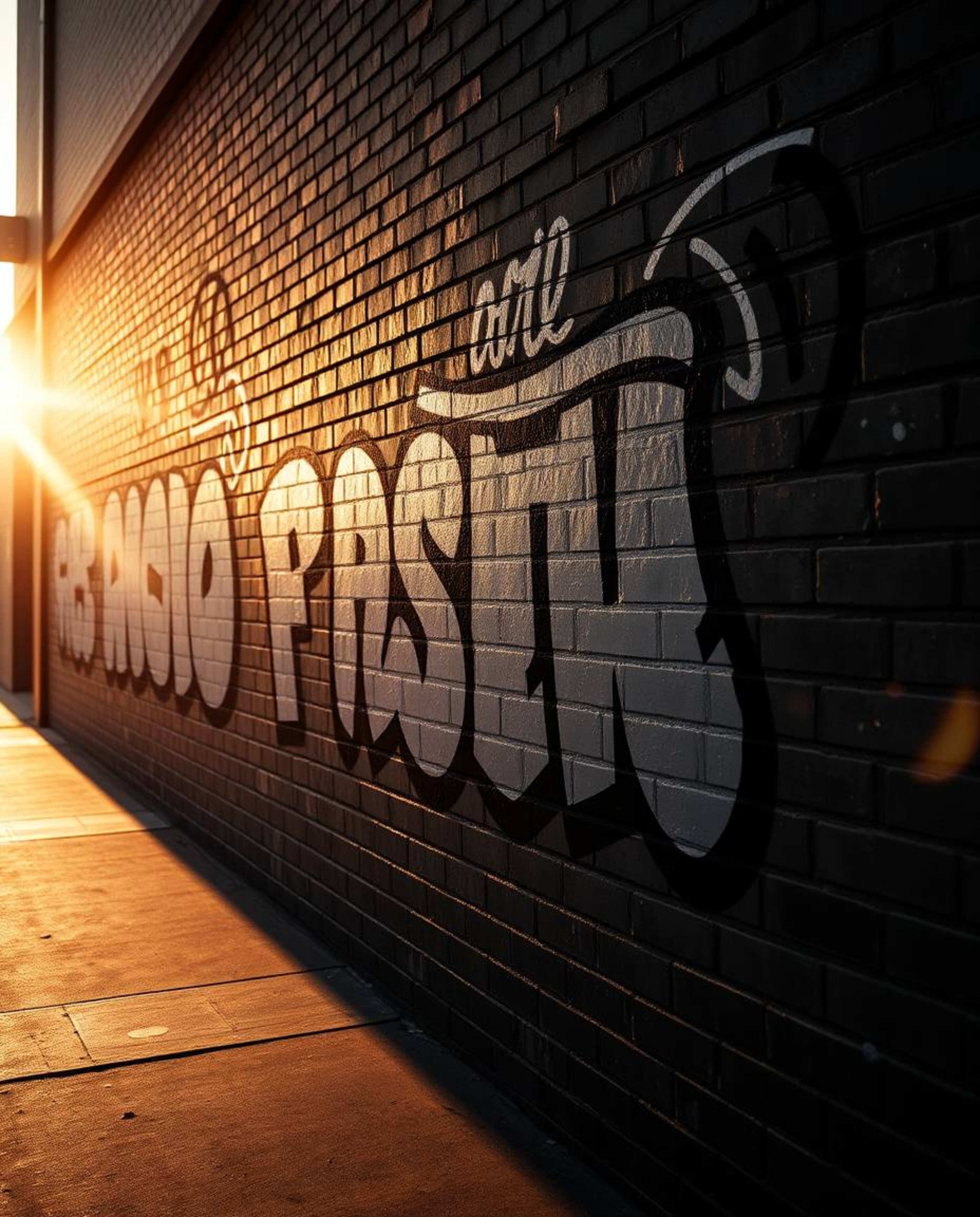 A timeless and elegant photograph capturing colorful graffiti splashes on a brick wall in warm golden hour light.  The classi