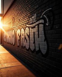 A timeless and elegant photograph capturing colorful graffiti splashes on a brick wall in warm golden hour light.  The classi