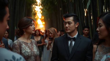 Capture the essence of candid street photography with graceful and elegant individuals amidst a breathtaking bamboo forest ba