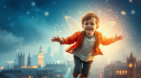 A young boy soars through the air above a hazy, softly lit London, sprinkled with magical pixie dust. Bright, vibrant colors