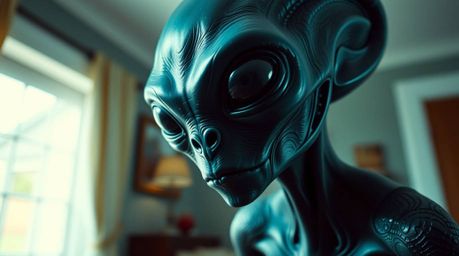 A captivating close-up shot reveals an alien residing in a luxurious suburban home.  The image is rich in deep teal tones, ex