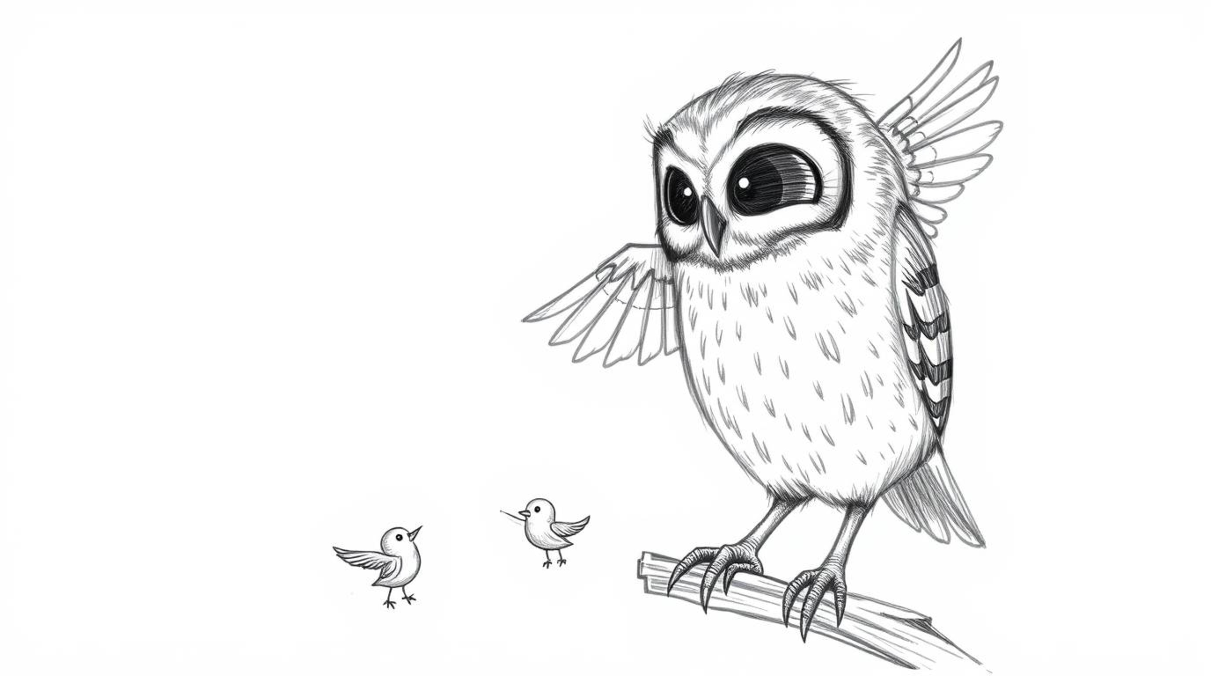 A heartwarmingly whimsical Pixar-inspired sketch depicts a blind owl, its feathers rendered with textured pencil strokes, cal
