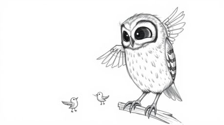 A heartwarmingly whimsical Pixar-inspired sketch depicts a blind owl, its feathers rendered with textured pencil strokes, cal