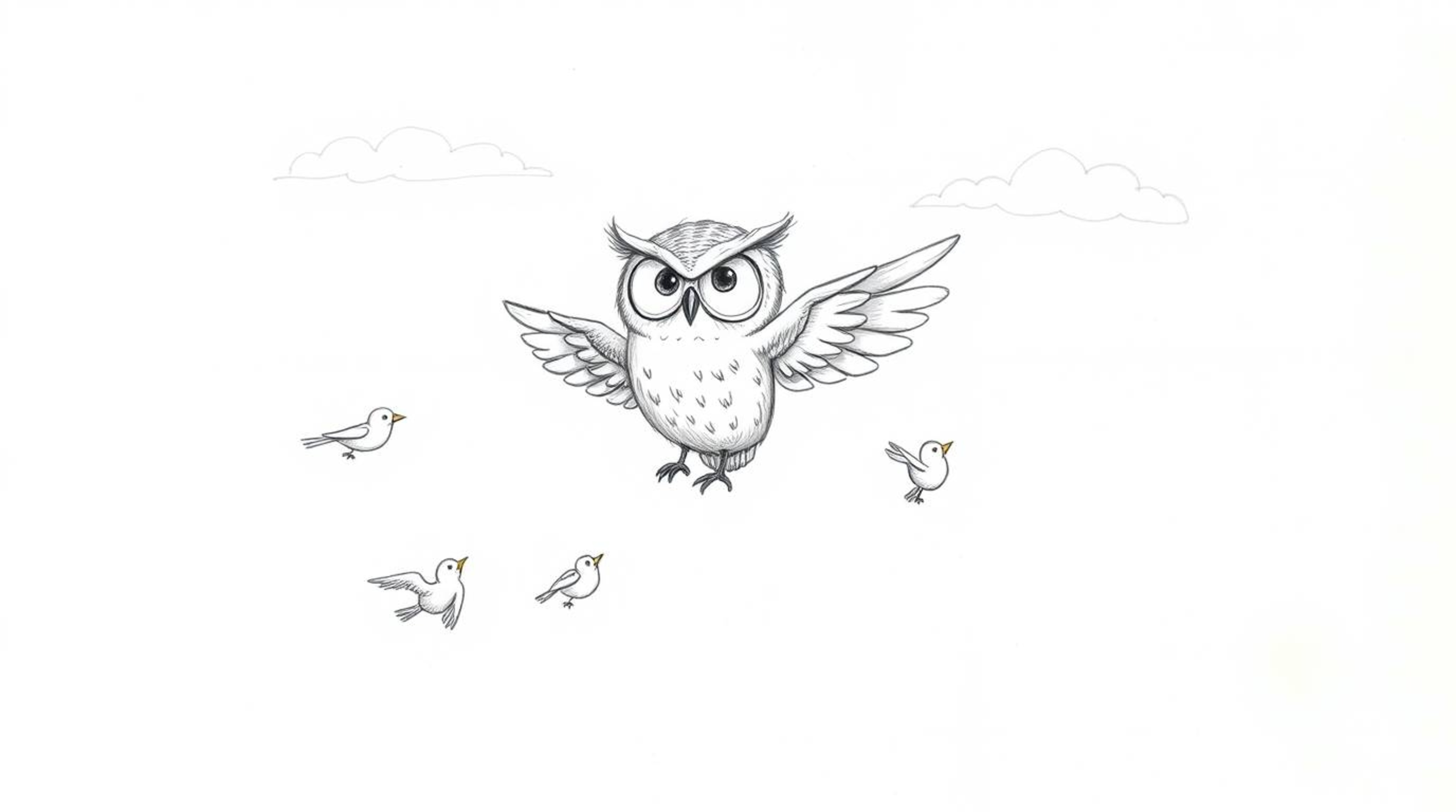 A whimsical, hand-drawn sketch showcases a blind owl, rendered in a Pixar-inspired style with expressive features. This endea