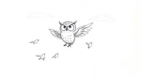 A whimsical, hand-drawn sketch showcases a blind owl, rendered in a Pixar-inspired style with expressive features. This endea