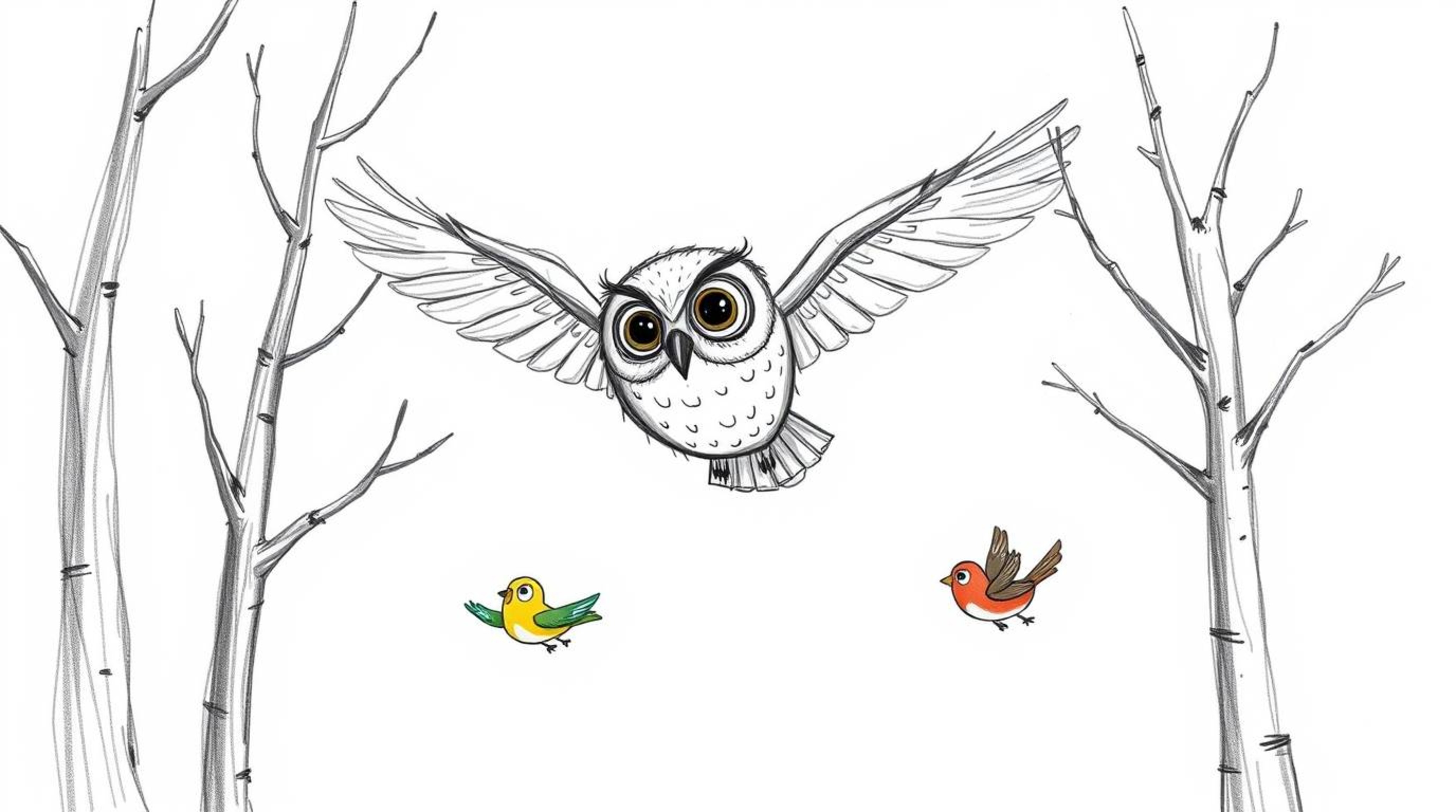 A whimsical hand-drawn sketch in the style of Pixar depicts a wise, blind owl with large, expressive eyes gliding gracefully 