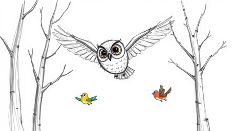 A whimsical hand-drawn sketch in the style of Pixar depicts a wise, blind owl with large, expressive eyes gliding gracefully 