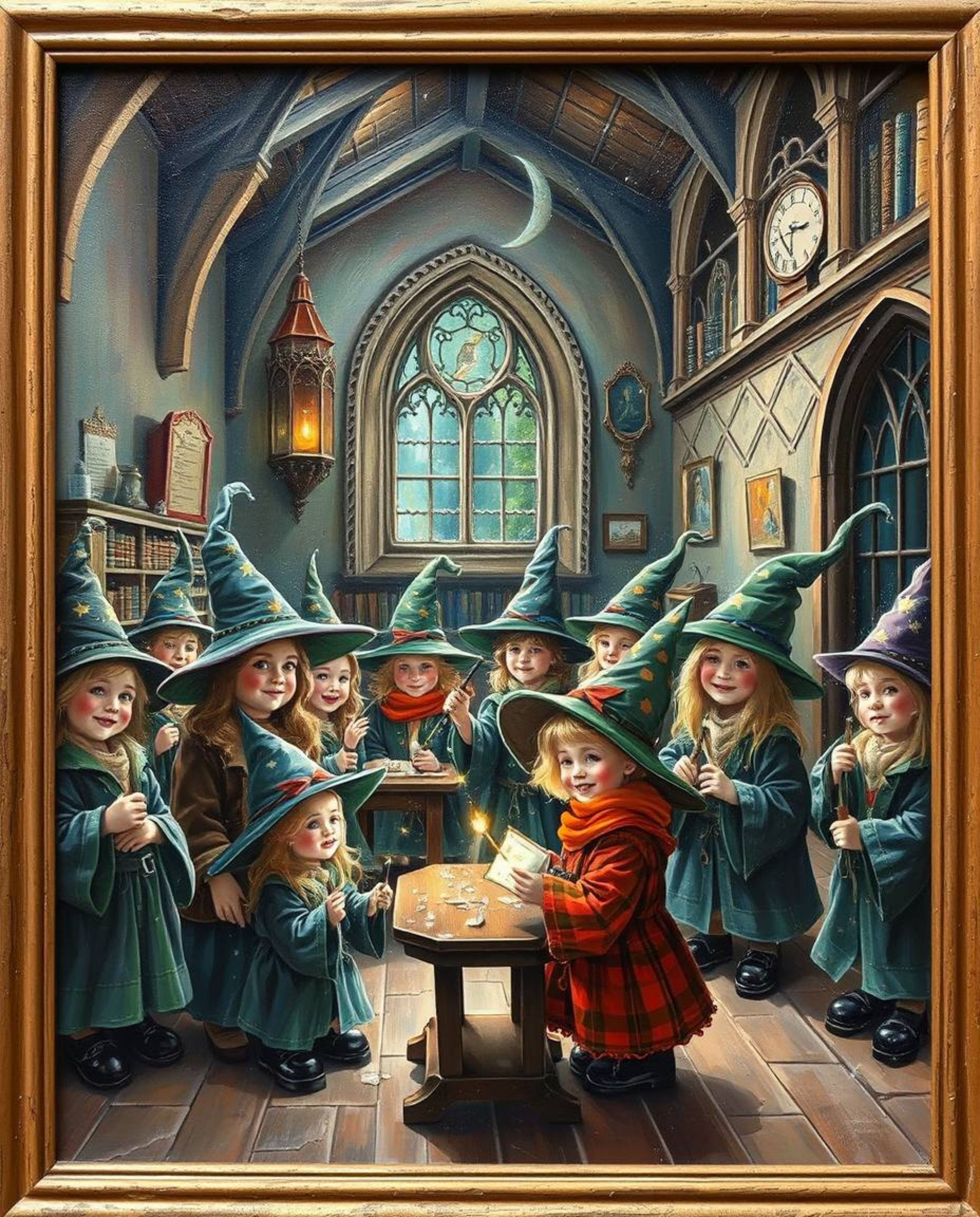 Discover a captivating classic oil painting that beautifully depicts a magical school teeming with young wizards. The artwork