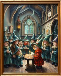 Discover a captivating classic oil painting that beautifully depicts a magical school teeming with young wizards. The artwork