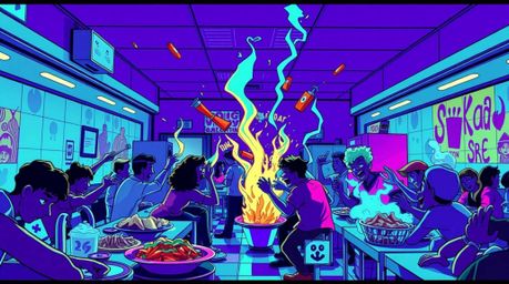Experience the chaotic energy of a wild food fight captured in a high-contrast photograph. Set within a cartoon cafeteria and
