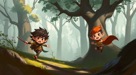 A captivating digital sketch showcases an adorable chase through a looping forest background.  Loose painterly strokes, charm