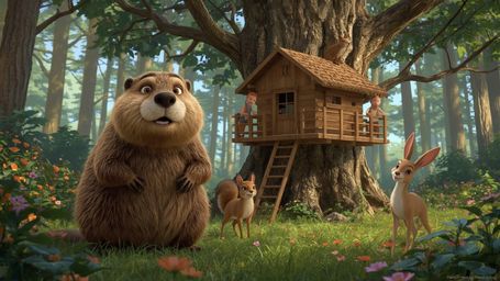 This high-resolution stock photo captures a whimsical, dreamlike scene of a friendly beaver with bright, expressive eyes lead