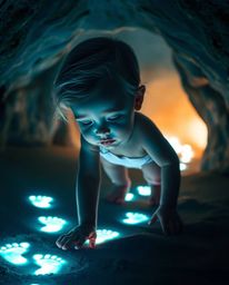 A captivating image of a child with refined features venturing into a cave guided by a trail of mesmerizing, glowing biolumin
