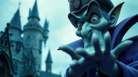 An extreme macro close-up shot showcasing a classic Disney villain, rendered with detailed features in a cool color palette o