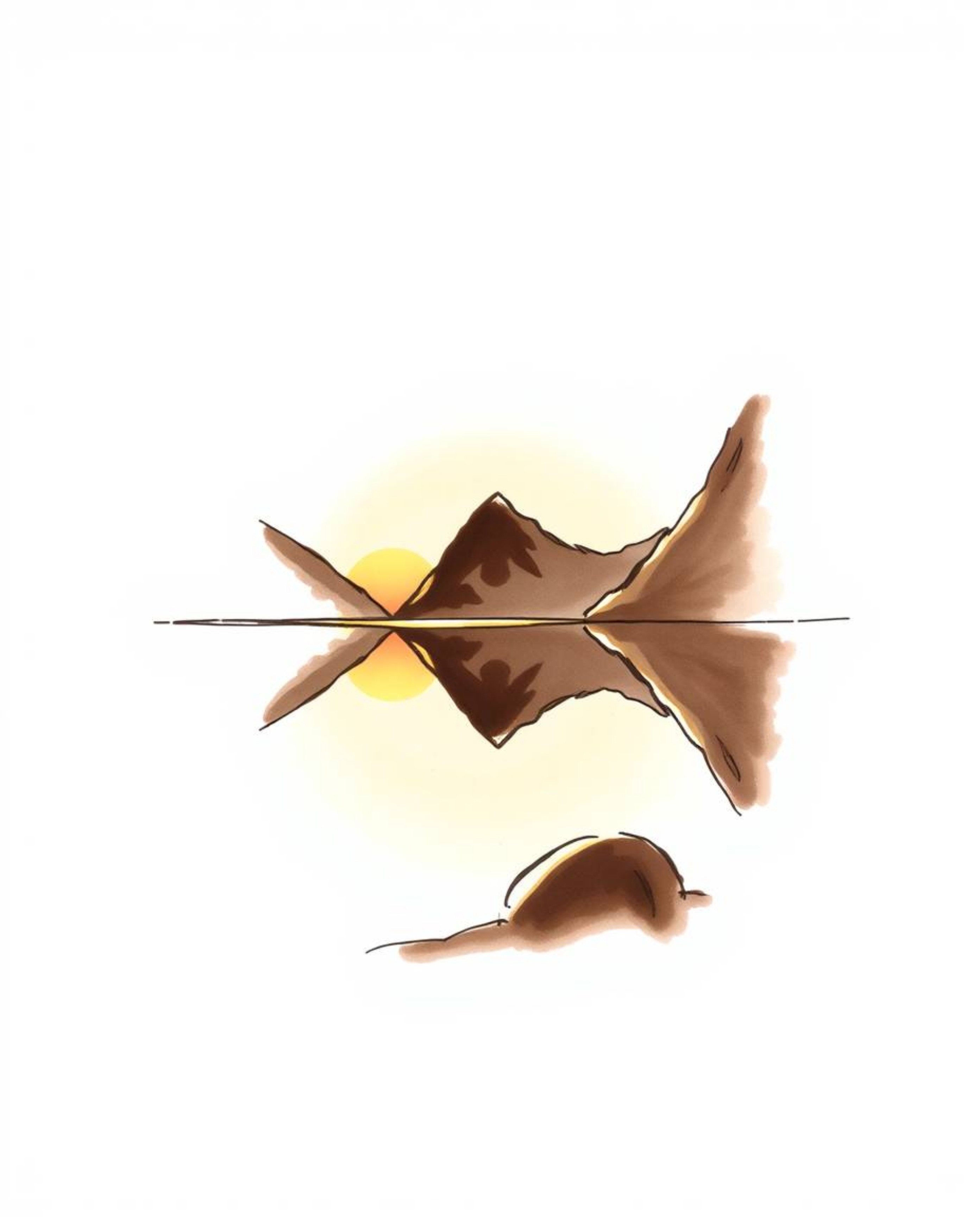 A hand-drawn sketch in a color sketchnote style depicts the reflection of a sunset in a glassy fjord. The piece is characteri
