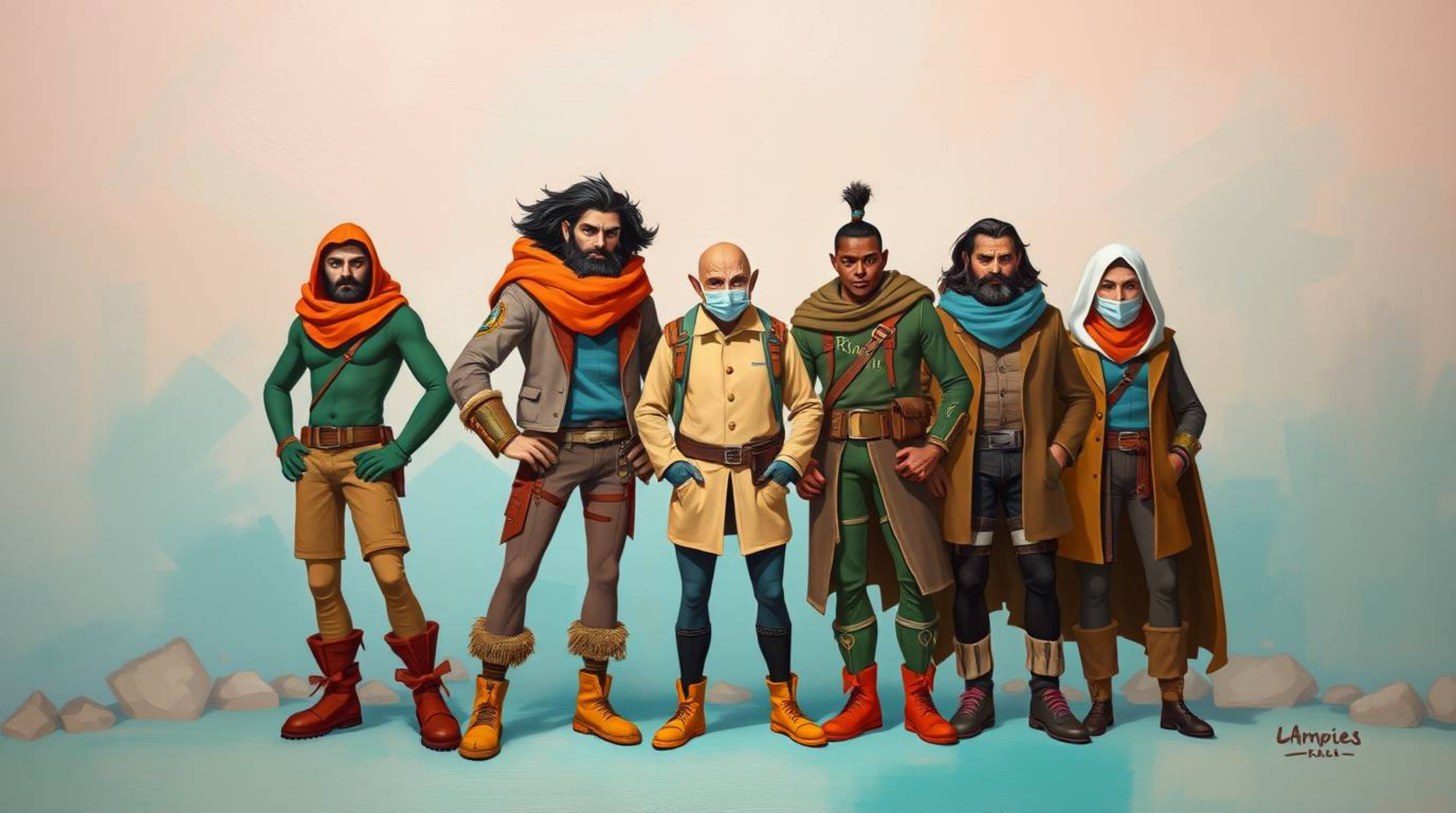 A vibrant painting depicting a team of misfit heroes uniting, characterized by the use of warm terracotta and cool teal tones