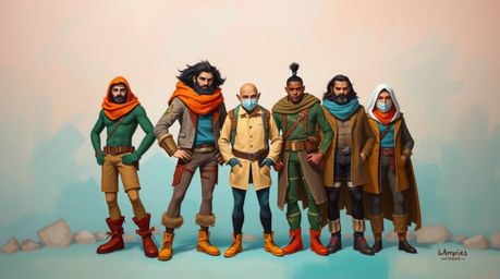 A vibrant painting depicting a team of misfit heroes uniting, characterized by the use of warm terracotta and cool teal tones