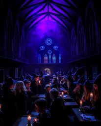 Immerse yourself in a magical school teeming with young wizards, dramatically illuminated with high-contrast, low-key lightin