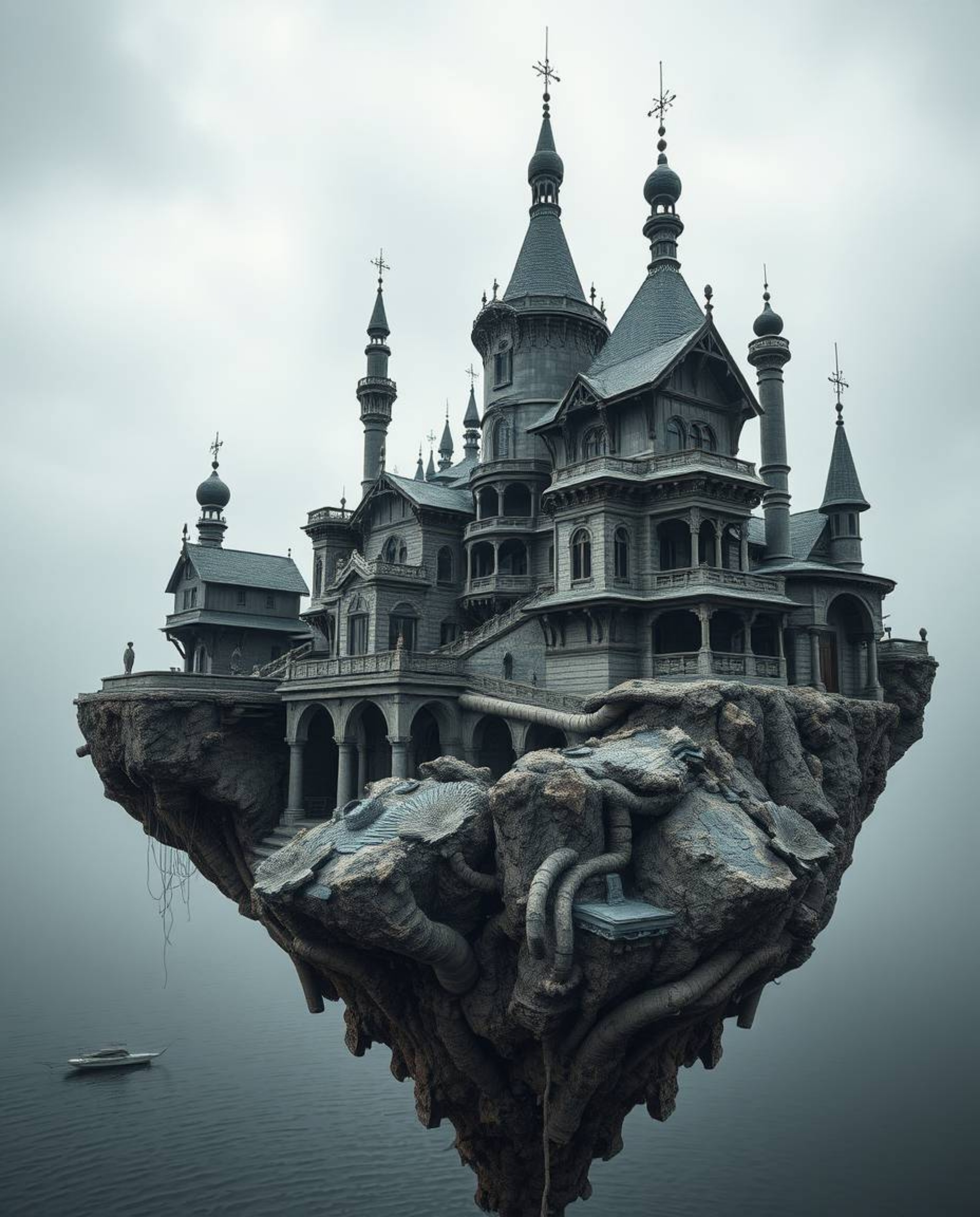 A stunning architectural photograph captures a surreal floating island, boasting bizarre and intricate architecture. The imag