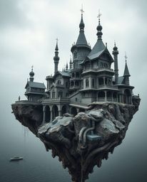 A stunning architectural photograph captures a surreal floating island, boasting bizarre and intricate architecture. The imag