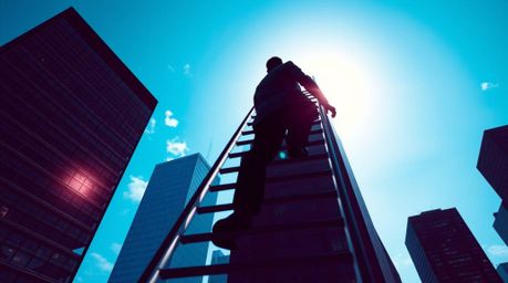 A surreal infrared image depicts a businessperson climbing a transparent ladder vanishing into a blue sky above skyscrapers. 