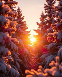 Warm golden hour light bathes the landscape, creating bright, vibrant colors as the sunset light sparkles on snowy pine trees