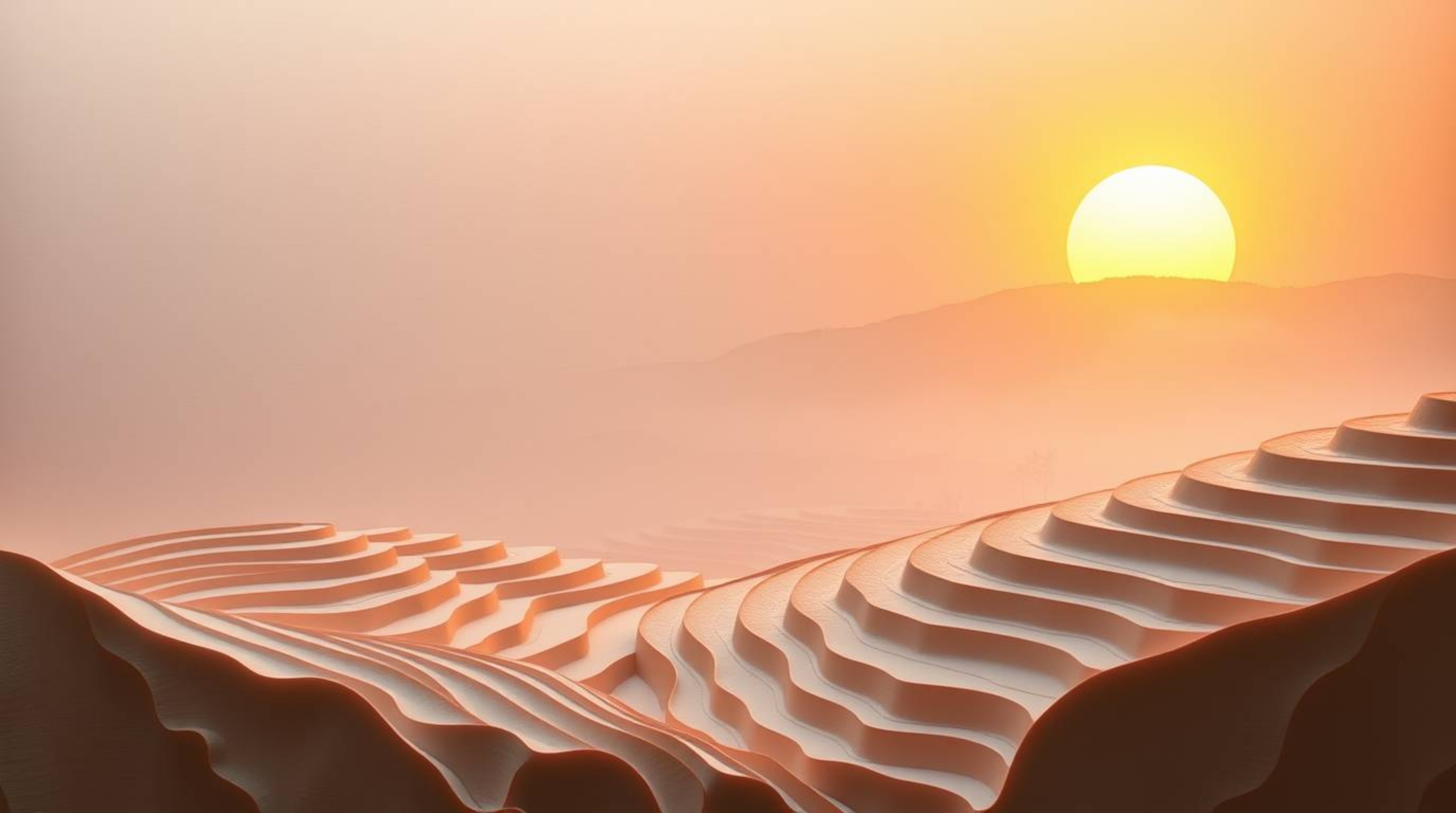 Experience a soft, dreamy atmosphere captured in this layered papier-mâché sculpture depicting a sunset over breathtaking ric