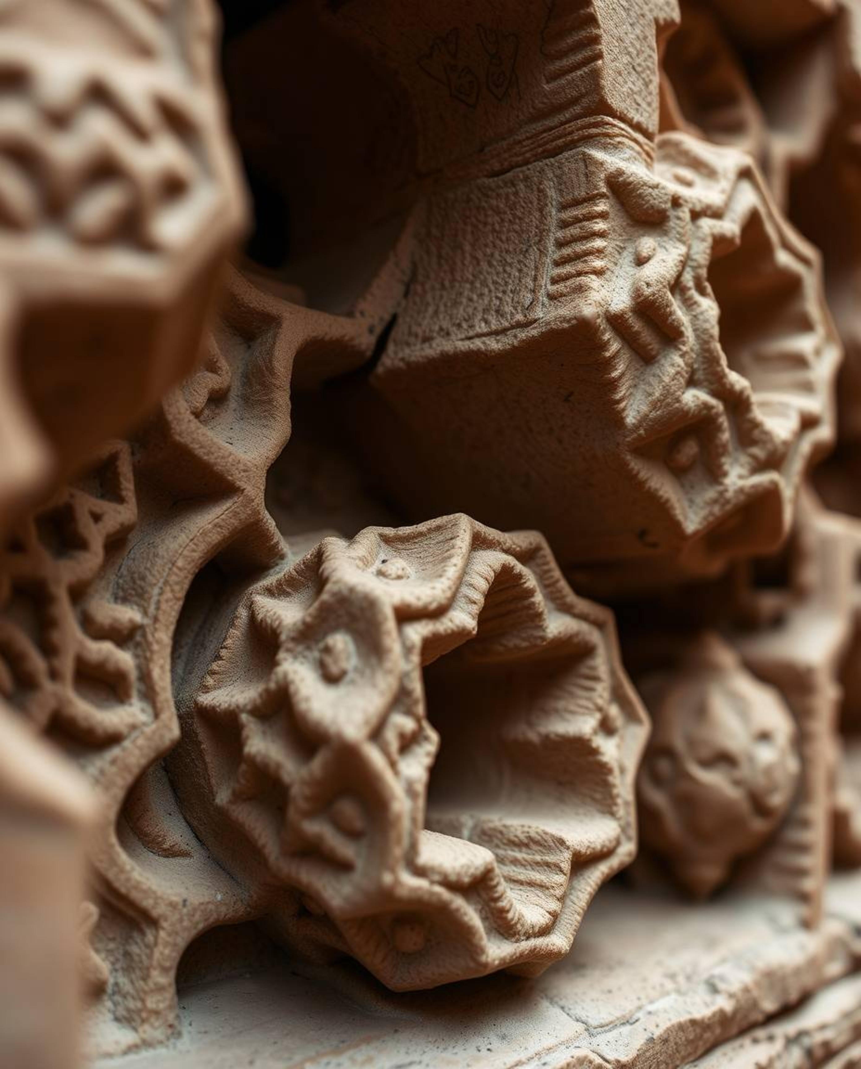 This collection features tight close-up shots of sculptural clay art inspired by Islamic geometric stone carvings. Each piece