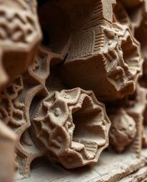 This collection features tight close-up shots of sculptural clay art inspired by Islamic geometric stone carvings. Each piece