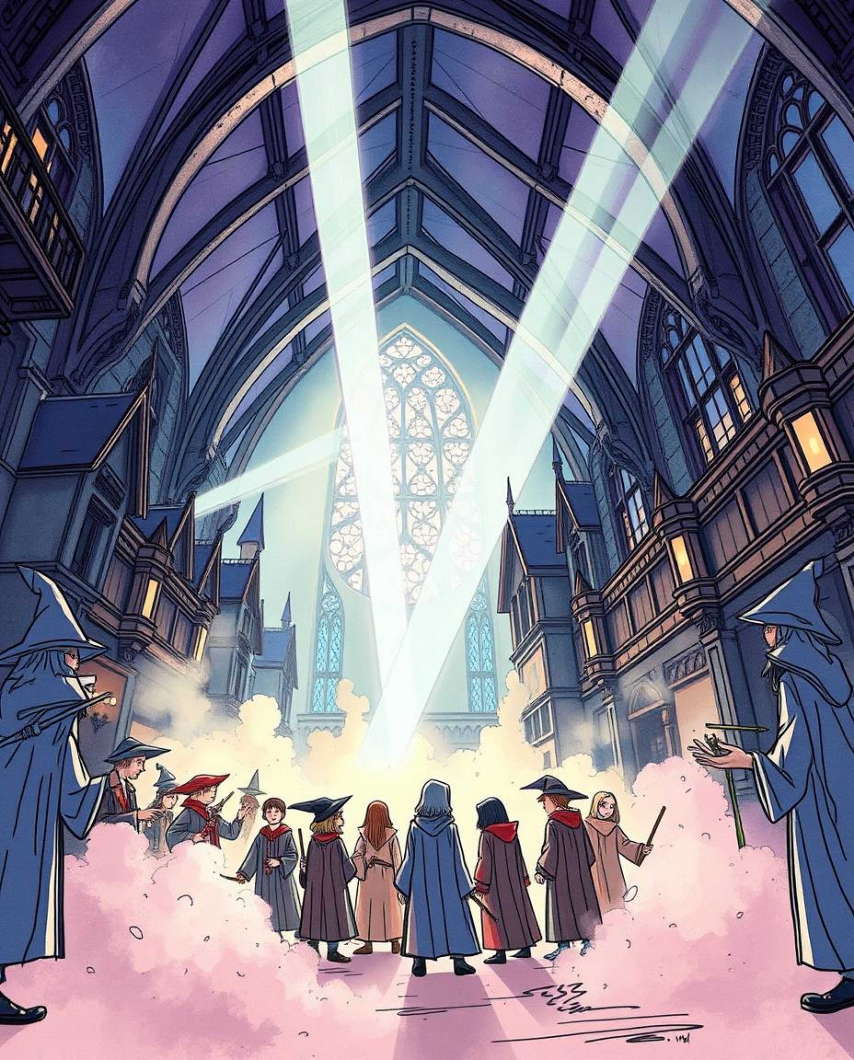 Explore a vibrant hand-drawn sketch of a magical school bustling with young wizards. This low-angle perspective, rendered in