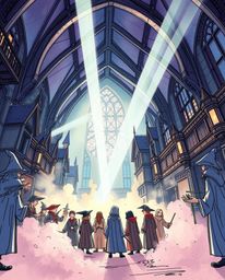 Explore a vibrant hand-drawn sketch of a magical school bustling with young wizards. This low-angle perspective, rendered in