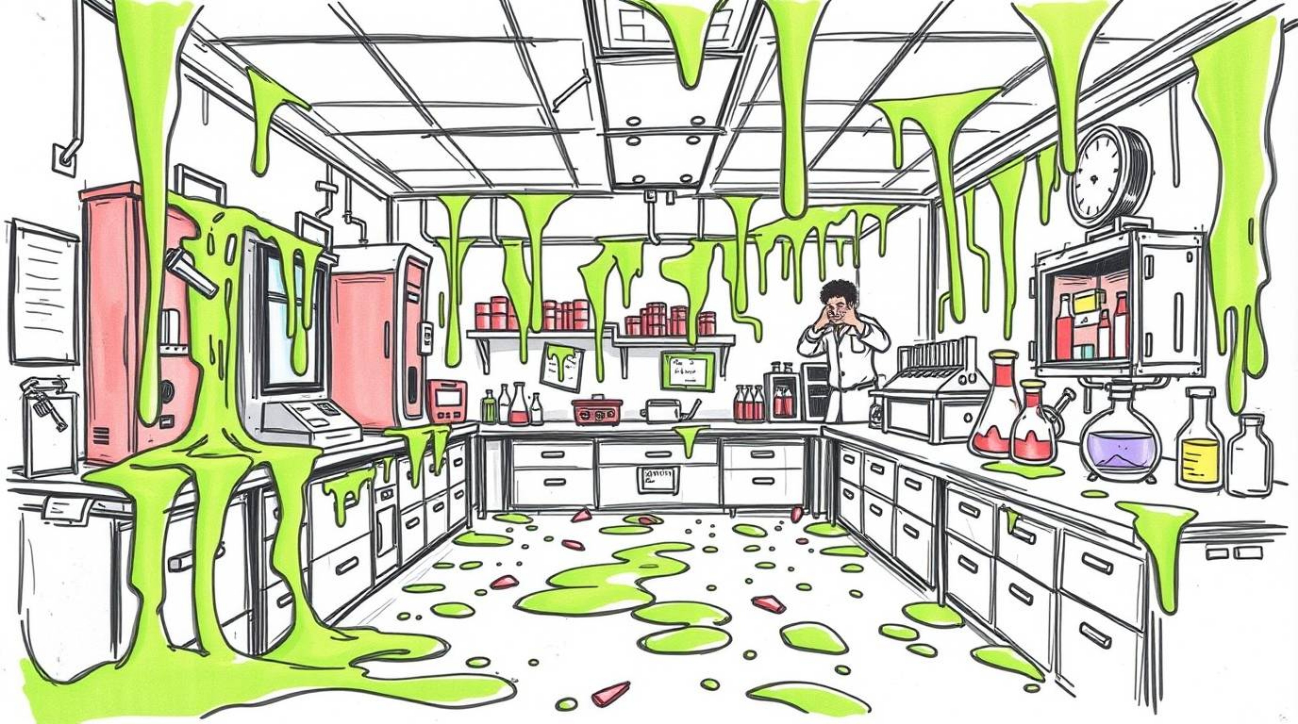 This dynamic, hand-drawn color sketchnote captures the chaotic energy of a slime-covered science lab. Blurred lines and actio