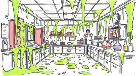 This dynamic, hand-drawn color sketchnote captures the chaotic energy of a slime-covered science lab. Blurred lines and actio