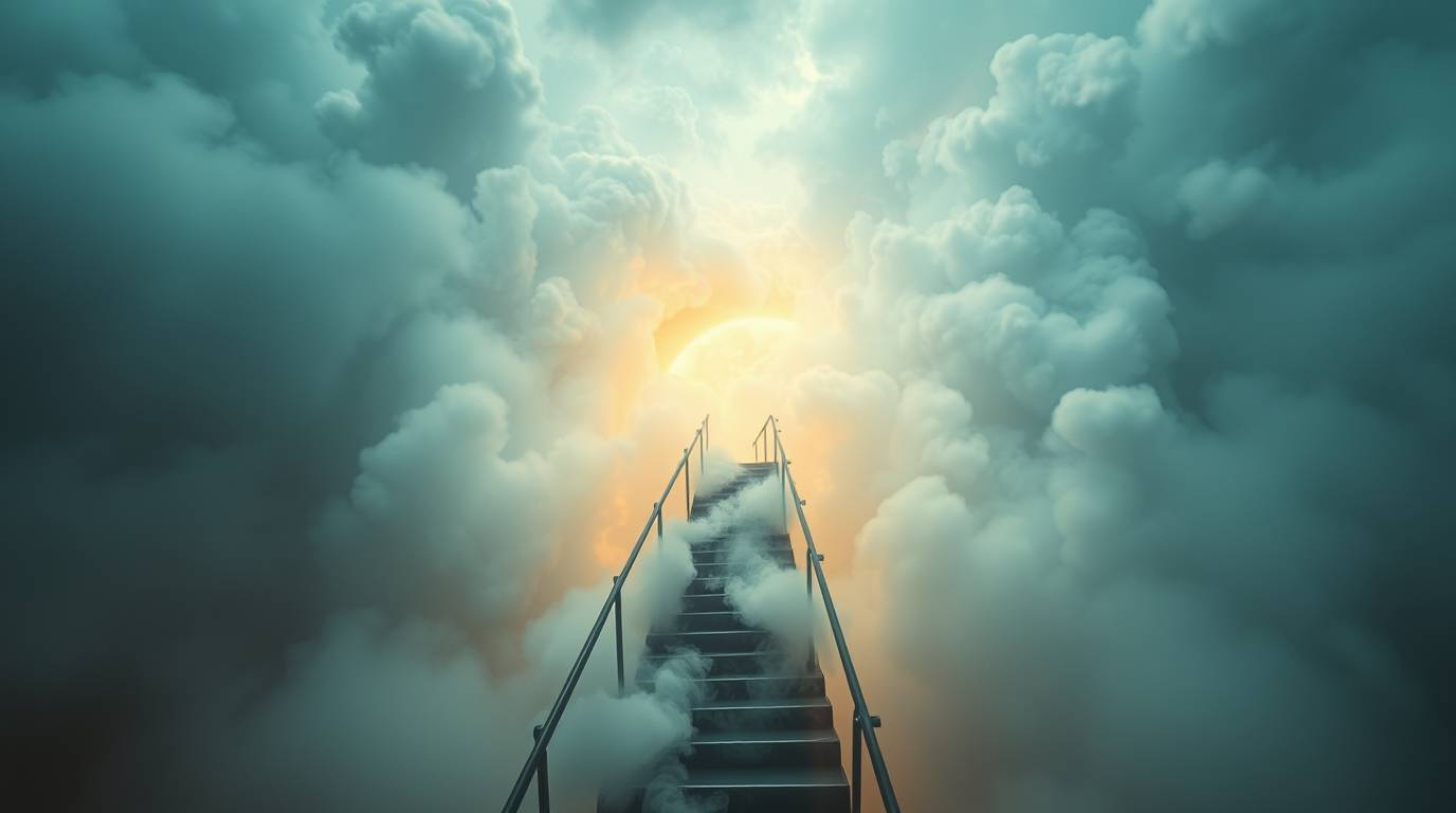 A captivating image depicting a winding stairway composed of smoke and light, ascending into a vast, cloudy sky.  This ethere