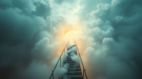 A captivating image depicting a winding stairway composed of smoke and light, ascending into a vast, cloudy sky.  This ethere