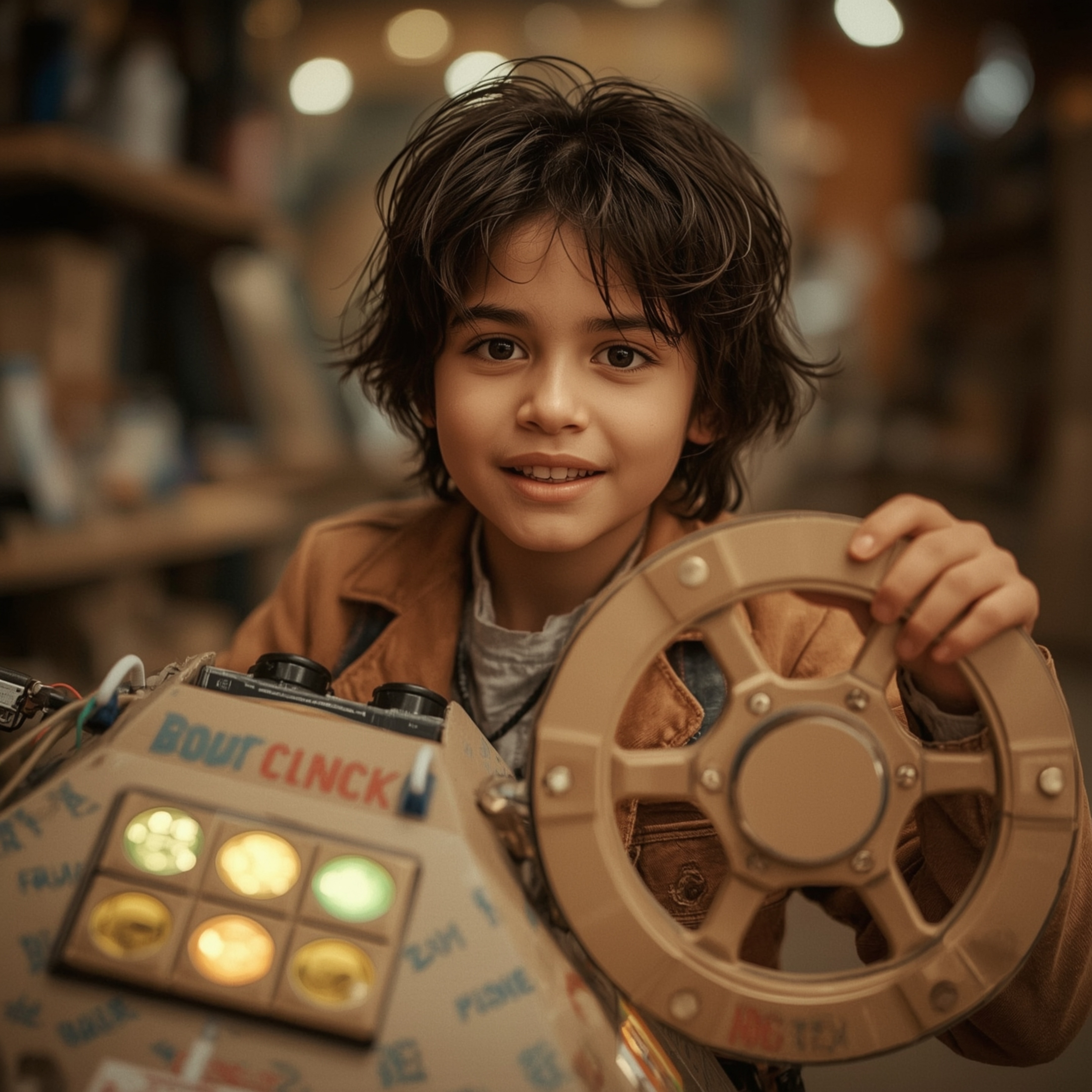 Exquisite high fashion photography capturing a boy with medium brown skin and messy brown hair, his curious features illumina