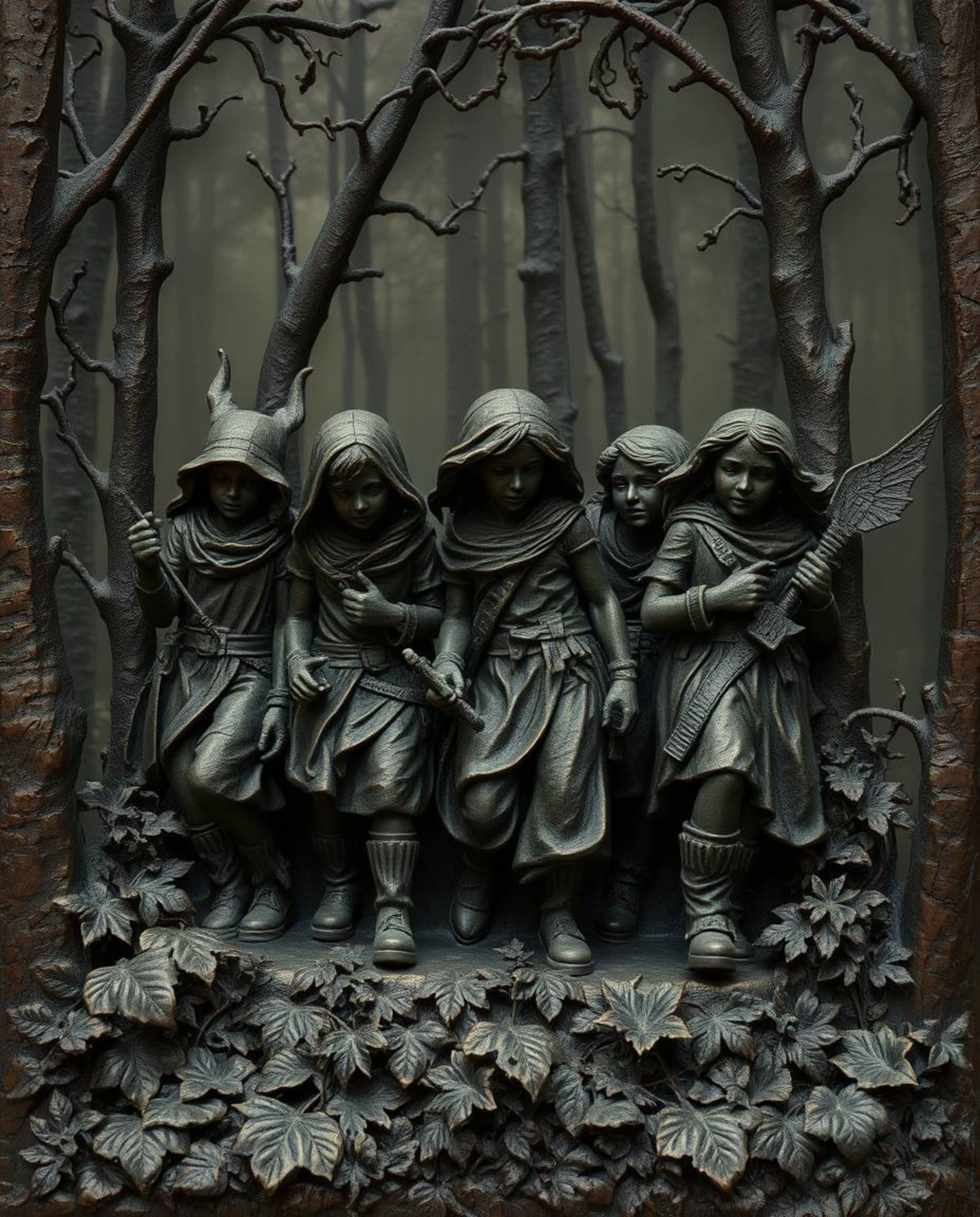 Discover a captivating artwork depicting a group of friends with unique powers exploring a mystical forest.  Rendered in a st
