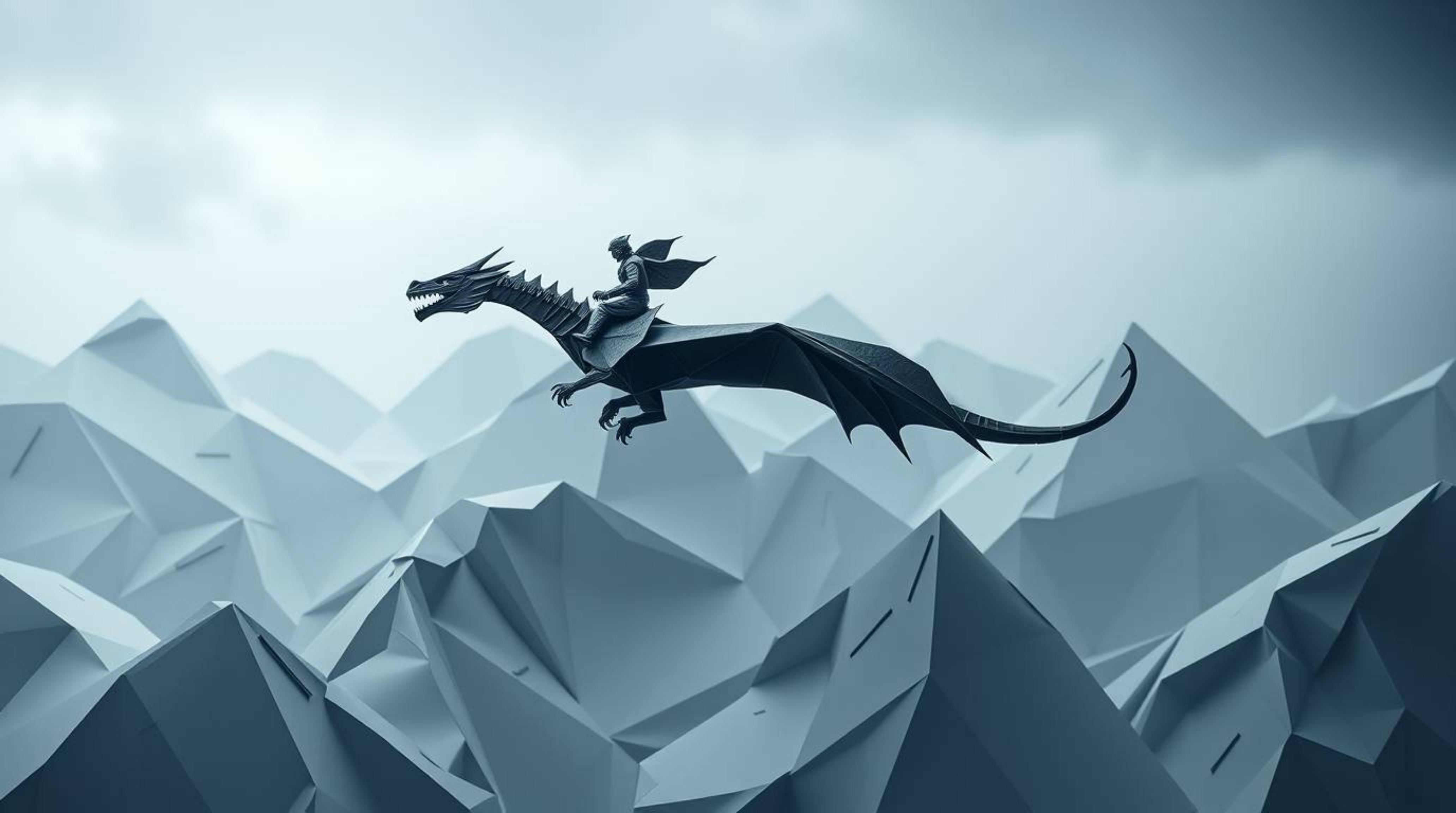 A captivating image depicting a dragon and its rider soaring above icy peaks, rendered in a striking origami style.  The artw