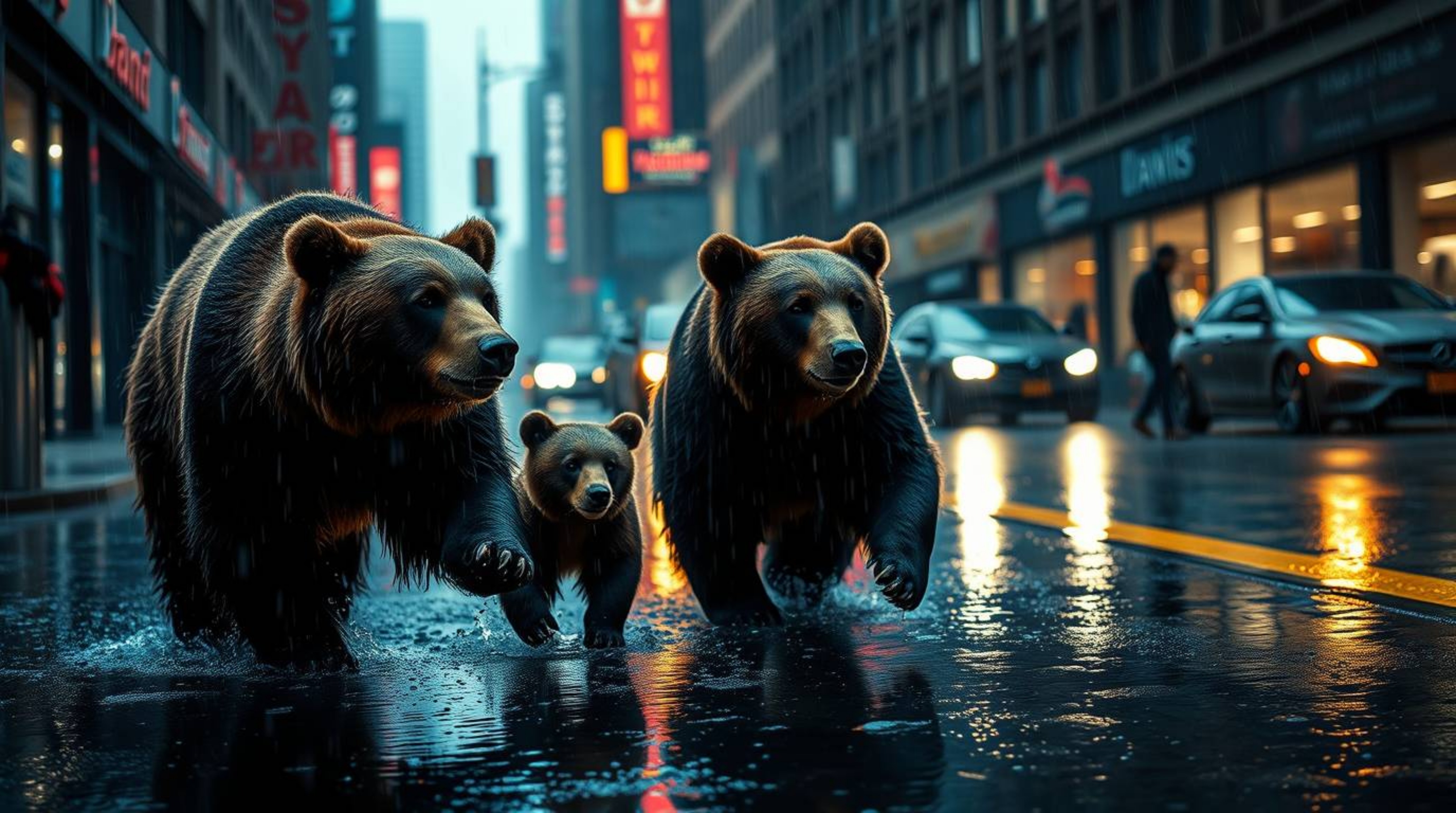 Experience a captivating urban adventure with this high-resolution stock photo featuring a bear family navigating a wet, rain