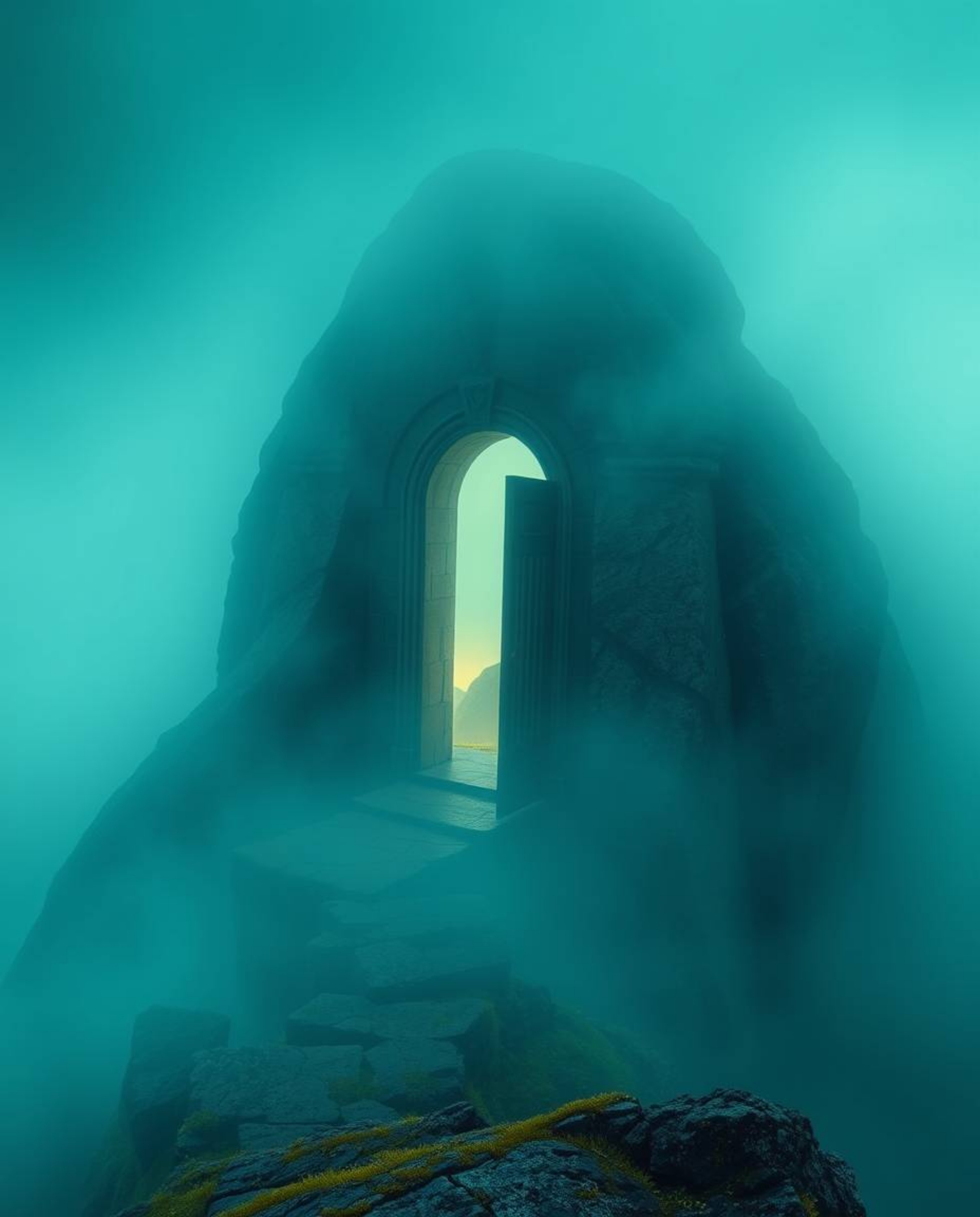 A rich, deep teal permeates this high-angle perspective of an ancient doorway glowing with runes, nestled in a mountainside s