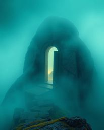 A rich, deep teal permeates this high-angle perspective of an ancient doorway glowing with runes, nestled in a mountainside s