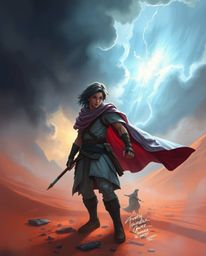 Explore a stunning digital painting depicting a brave Disney-style hero embarking on a desert adventure amidst intense dramat