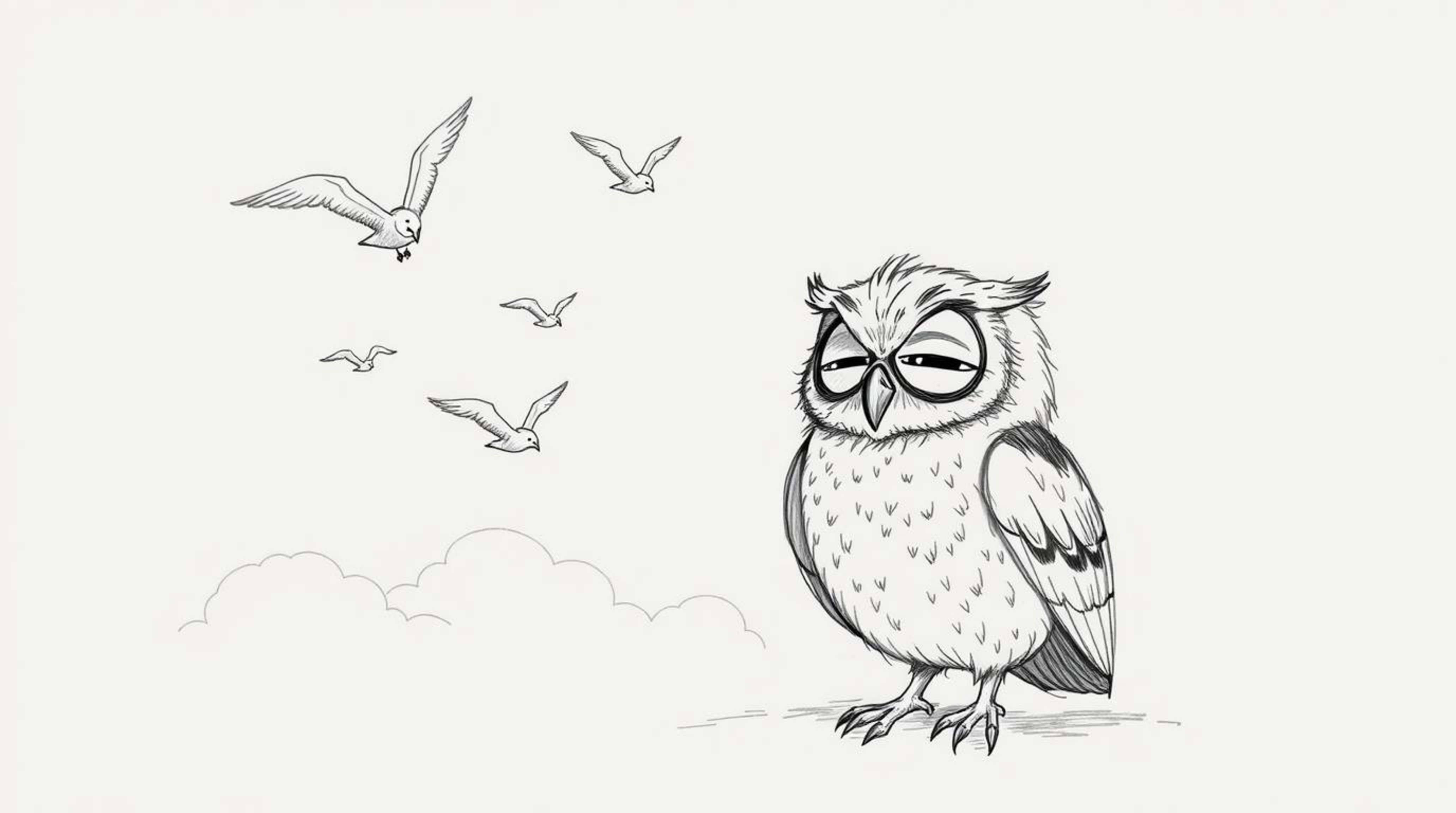 A heartwarming hand-drawn sketch in the style of Pixar depicts a blind owl with downy feathers proudly teaching birds to fly 