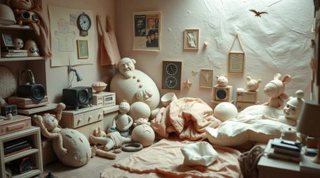 Discover a dreamy, soft-lit scene featuring sculptural clay art in a messy bedroom setting.  The artwork showcases textured s