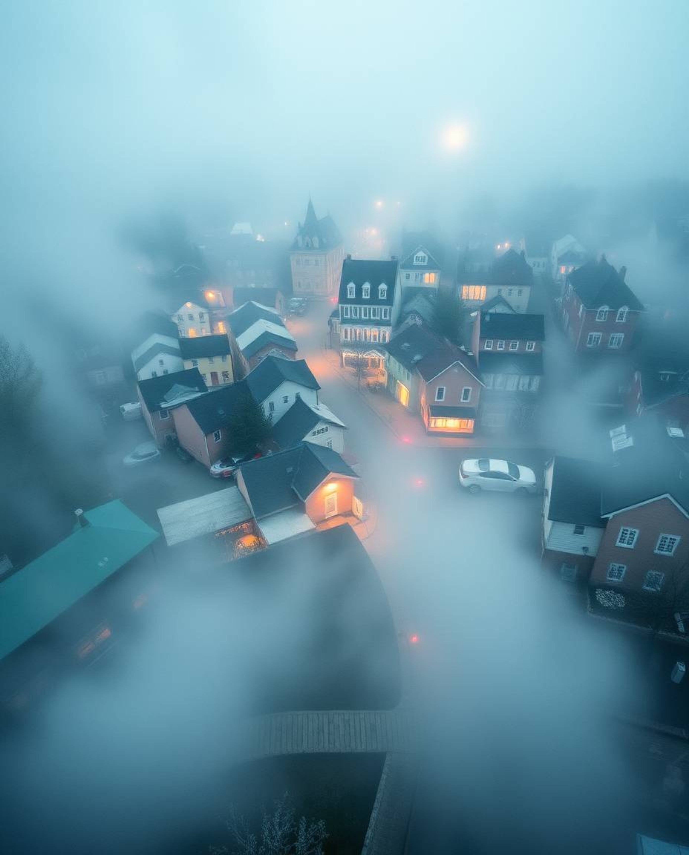 Explore a dreamlike world with this watercolor painting of a sleepy town from a bird's-eye perspective. Pastel-colored houses