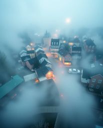 Explore a dreamlike world with this watercolor painting of a sleepy town from a bird's-eye perspective. Pastel-colored houses